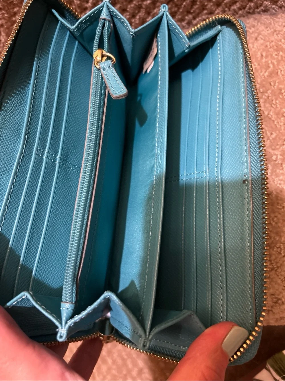 AUTHENTIC COACH Studded Zip Around Long Wallet Leather Teal Turquoise Accordion - Picture 6 of 8